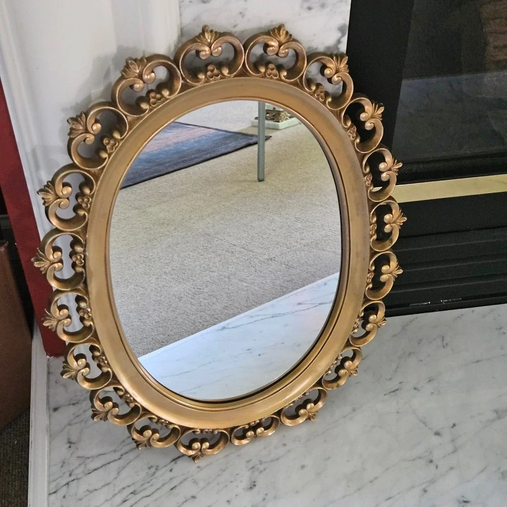 Vintage Syroco 2315 Gold Oval Wall Mirror Ornate Scroll Hollywood Regency USA